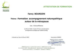 Attestation formation naturopathie et ménopause Fanny Bourgoin